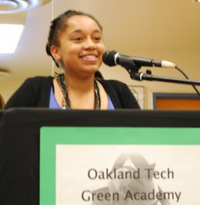 20090904_mongeau_green2 Haida Scott, 15, speaks on behalf of her fellow students, the incoming class at Oakland Tech's new Green Academy.