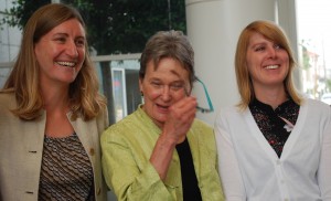 20090924_mongeau_jackson_hancock_ottaway Jennifer Jackson and Heather Ottoway pose with Senator Hancock (center) in celebration of installing the drop bin at the state house.