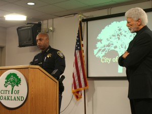 Press Conference Oakland Police Chief Anthony Batts, left, and Mayor Ron Dellums give an update on the Johannes Mehserle protest. Photo by Ted Trautman.