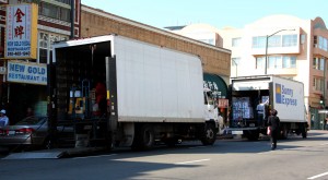20111102_schell_trucks Trucks constantly move through the streets of Chinatown, parking near the curb to deliver shipments of produce and other items.