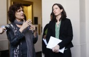 Councilmember Jane Brunner addresses a group of concerned citizens at City Hall, after cancelling a meeting at which councilmembers were scheduled to vote on a community benefits agreement for the Oakland Army Base redevelopment project.