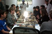 Light experts Louis Brill and Steve Boverie teach the basics of electroluminescent wire art during Workshop Weekend at Tech Liminal