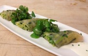 Involtini of smoked swordfish with Sausalito watercress,summer squash, and horseradish crema.