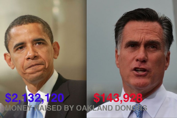 Individual donations, given from people who live in Oakland and Piedmont, to Barack Obama and Mitt Romney. Photos from Wikimedia Commons.