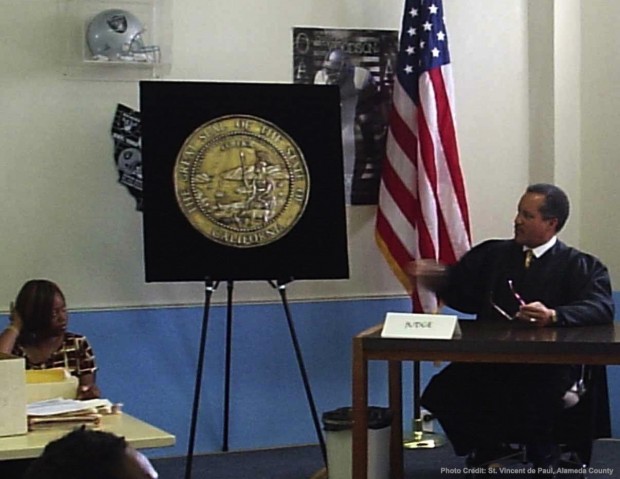Judge Gordon Baranco presides over a makeshift courtroom at the Saint Vincent de Paul facility near downtown Oakland. Photo courtesy Saint Vincent de Paul.
