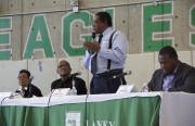 Former Black Panther Party chairman Elaine Brown, former Oakland school board member Greg Hodge, Black Panther Party founder Bobby Seale and Ella Baker Center for Human Rights executive director Jakada Imani participate in the first panel discussion of the day at the Making Connections event on Saturday.