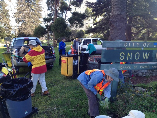 Senior Citizen Task Force members at work during a cleanup day at Snow Park. Photo courtesy Andrew Jones.