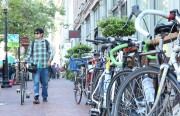 Bikes safely parked in downtown Oakland.