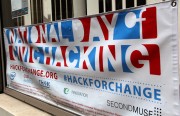 A banner outside of the ReWrite Oakland hackathon on Saturday