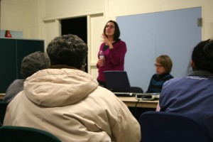 Kathy Kleinbaum, Project Manager for the Oakland CEDA Redevelopment Division, answers questions at a Golden Gate neighborhood meeting Wednesday night