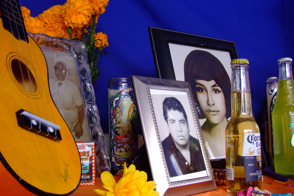 Photographs surrounded by memorabilia
