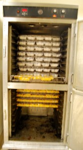 The oven where Garvin heats up the trays of pre-prepared entrees in their plastic packaging.