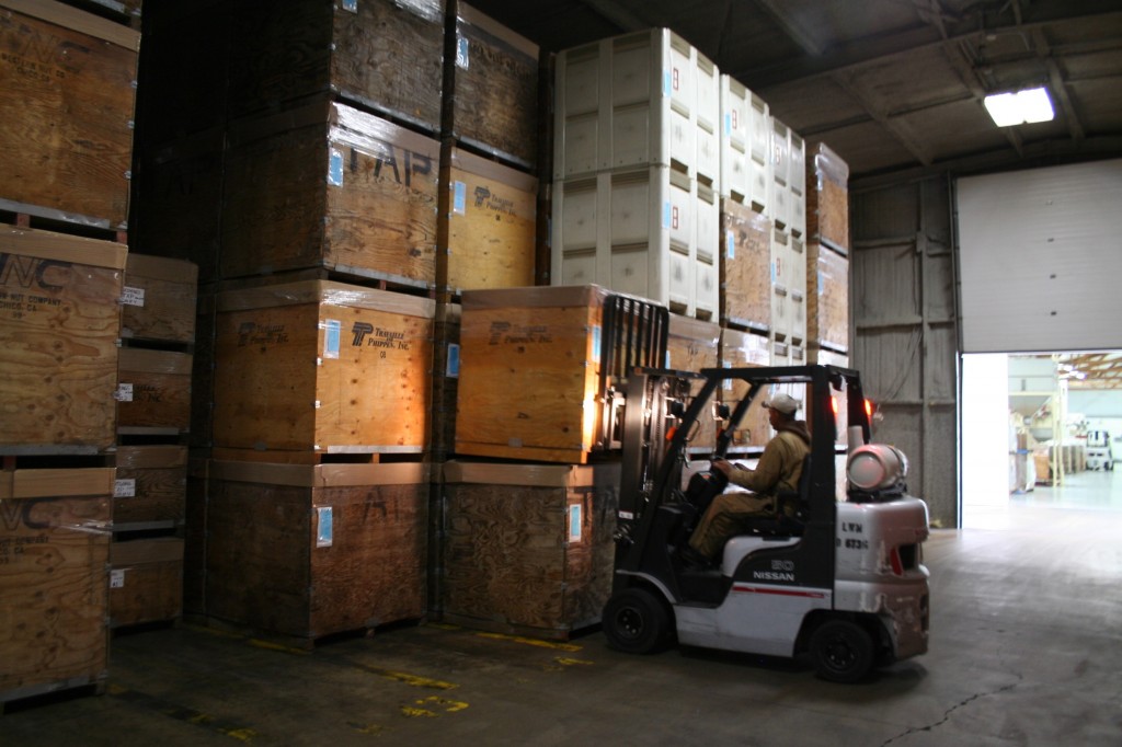 An almond warehouse at Travaille and Phippen in Ripon, California