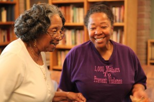 COPE Arlene Johnson (left), a retired schoolteacher and COPE group participant, talks to and Lorrain Taylor (right) after Saturday’s support group.