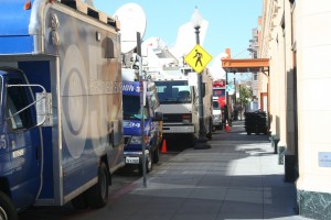 Fox Theater Press Several media trucks sat parked near the Fox Theater on the corner of Telegraph Avenue and 18th Street preparing to broadcast the night's breaking news about Proposition 19, as well as other highly-contested California election races. Photo by Karmah Elmusa.