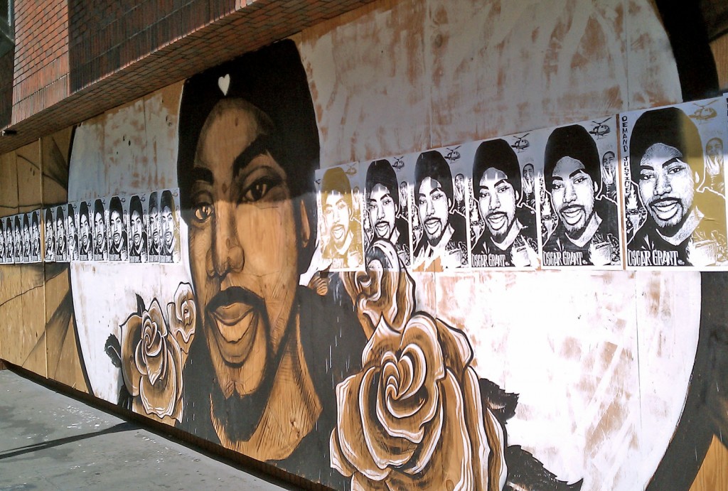 This mural of Oscar Grant, who was killed last year by BART police officer Johannes Mehserle, was recently removed from the corner of 17th Street and Broadway. Photo by Kevin Fixler.