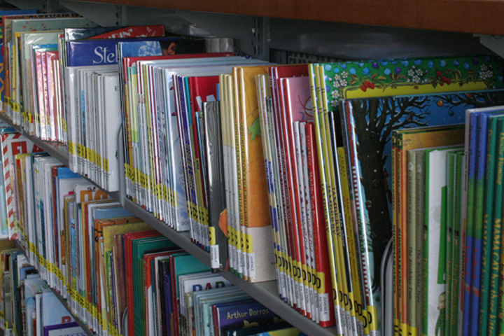 Books from the children's section of the new 81st Avenue Library await young users. The library opens on Saturday and doubles as a school library for two neighboring schools.