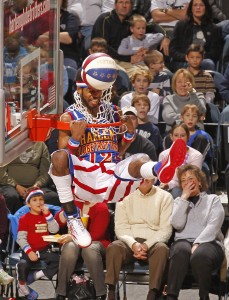 Globetrotter player Ant Atkinson shows off some of the team's trademark tomfoolery during a game last year. Photo courtesy of Harlem Globetrotters.