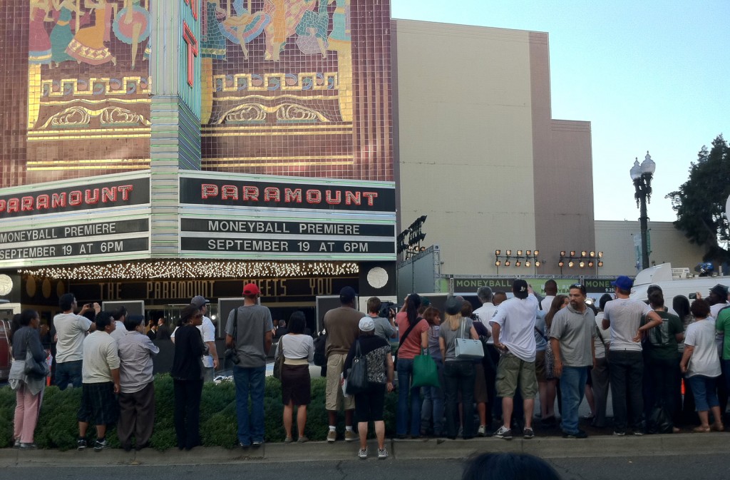Oaklanders gather outside of the Paramount Theatre Monday night for the world premiere of Moneyball.