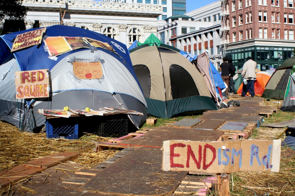 "Endism Road," one of the makeshift wooden walkways at the Occupy Oakland camp that has been putting down roots over the past two weeks in the downtown Frank H. Ogawa Plaza.