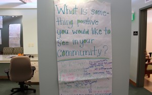 Students' handwritten responses to questions like "What is something positive you would like to see in your community?" decorate the walls of Frick's health center and help inform staff of their needs. 