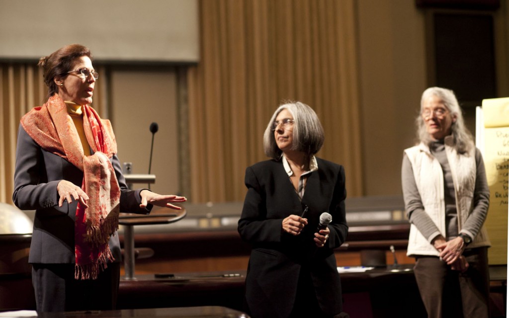 Councilmembers Patricia Kernighan and Nancy Nadel discuss the new budget proposal at a town hall meeting Monday night.