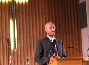 Oakland Police Chief Howard Jordan encourages community members in Allen Temple Baptist Church in East Oakland to act to reduce violence in their neighborhoods.