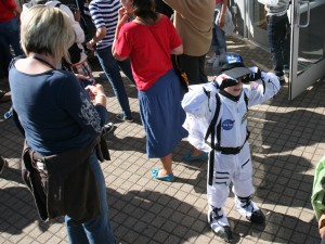 Cameron Weigant adds baseball cap to his space suit ensemble.