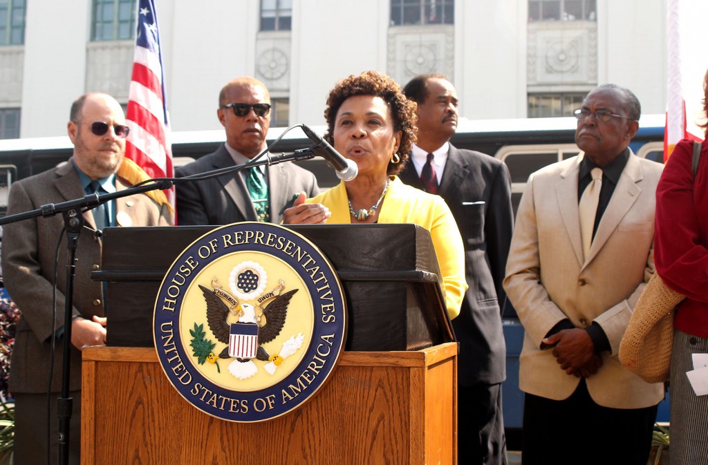 Barbara Lee, the Democratic congresswoman from Oakland, address the National Voter Registration Day crowd in front of the the Alameda County Administration Building.
