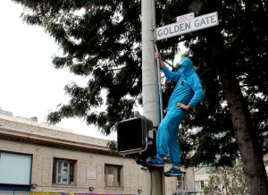 Duncan Savage -- dressed as Sesame Street's "Cookie Monster" for Halloween -- takes advantage of the Giants victory festivities. Photo by Mihir Zaveri.