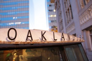 The Oaklandish bus prepares to leave as the rally winds down after sunset.