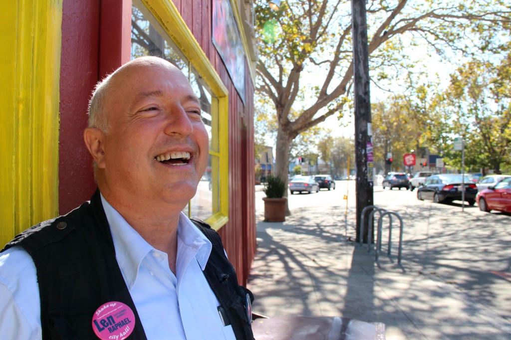 Len Raphael stands at the doorway of his campaign headquarters in the old Kasper's Hot Dog Building in Temescal.
