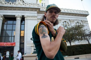 A's fan Keith Salminen displays his Oakland ink.