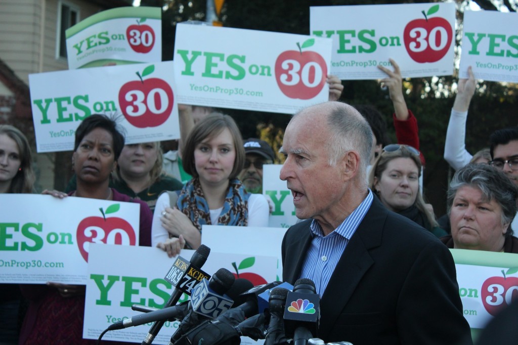 Governor Brown addresses the media after casting his vote. Photo by Steve Fisher.