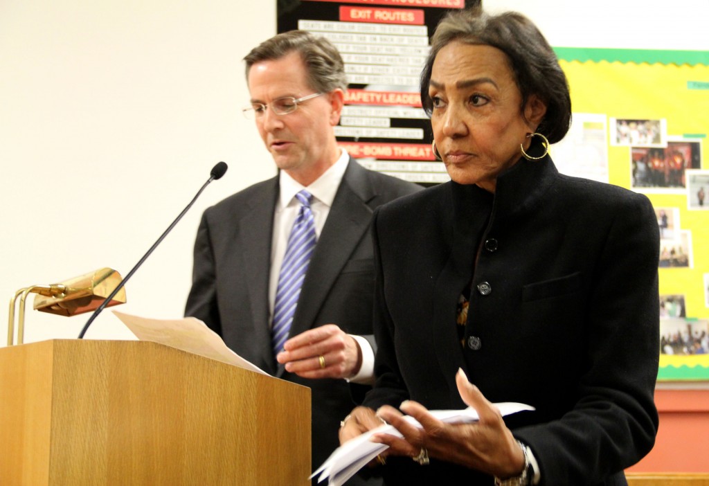 AIMS board chairperson Jean Martinez looks on as attorney Paul Minney addresses the OUSD board at the Sept. 27 board meeting. Photo by Lauren Kawana.