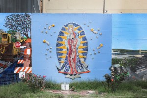 Mural of the Virgin of Guadalupe by Kim Larson. One of the Jingletown murals along Peterson Street between Ford and Chapman.