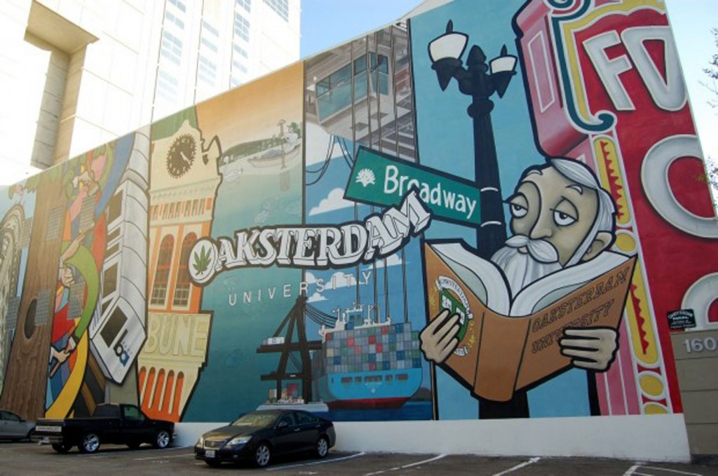 The mural at Oaksterdam's former location at 1600 Broadway has since been painted over by the building's new owner. Photo by Anne-Sophie Braendlin