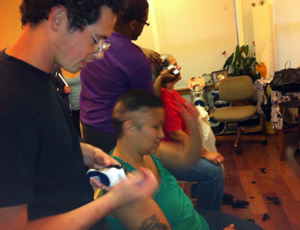 Oakland resident Sableu Cabildo (middle) threw a hair shaving party when she started losing her hair to radiation treatment for brain cancer. She is also a medical marijuana patient. Photo courtesy of Sableu Cabildo.