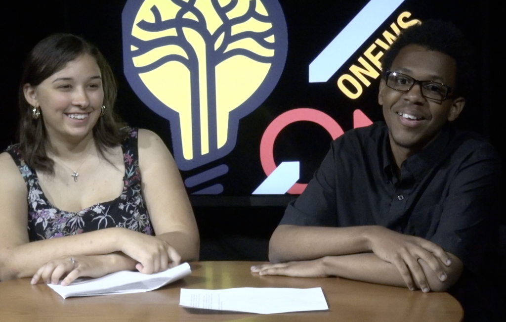 Student anchors Kaila Blake and Malachi Segers do a live-to-tape broadcast of O News, a news program created and produced by Oakland high schoolers.