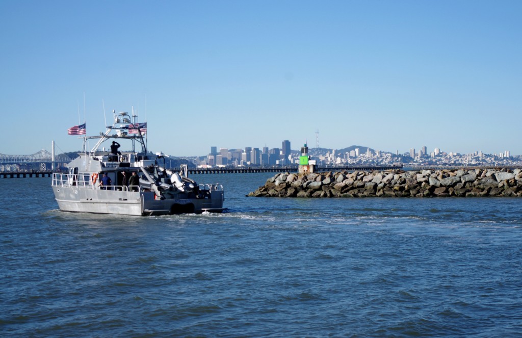 A boat pulls out from Berkeley Marina. Some of Torpedo Sushi's fish will be brought in directly from this port. Photo by James Reddick.