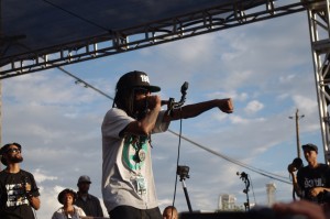 Rapper A-Plus performing with his quartet, Souls of Mischief. Photo by James Reddick.