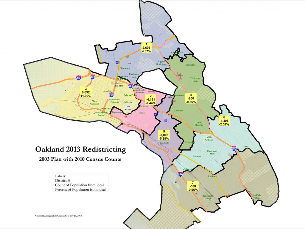 The top numbers in the graphic are the district labels, the middle numbers are the ideal amount that needs to be cut or added to make it even with Oakland’s other districts, and the bottom numbers are the percent that needs to change. Graphic constructed by and courtesy of Doug Johnson, National Demographics Corporation.