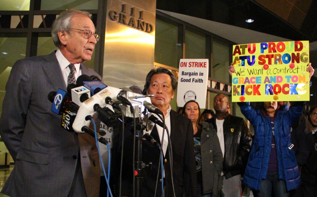 Federal mediator George Cohen, left, announced Monday night that BART trains will run Tuesday. BART is now planning a Thursday midnight strike. Photo credit: Jennifer Chaussee