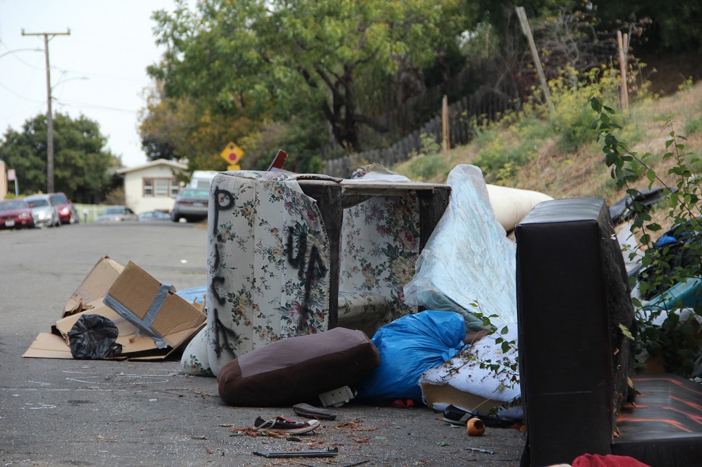 Illegal dumping sites can include tires, sheetrock, railroad ties, needles, mattresses, asbestos, paint cans, car oil, and furniture.