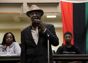 Long-time West Oakland resident and former Black Panther Ed Howard speaks to attendees at "Here.Before. Art From a Contested Space."