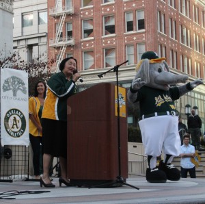 Mayor Jean Quan at the "A's Oaktober Rally" at Frank Ogawa Plaza on Tuesday, Oct. 1.
