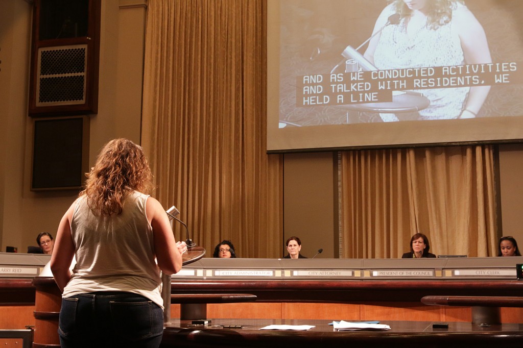 Jessamyn Sabbag with Oakland Rising addresses Oakland City Council after Redistricting Map 26 was approved.