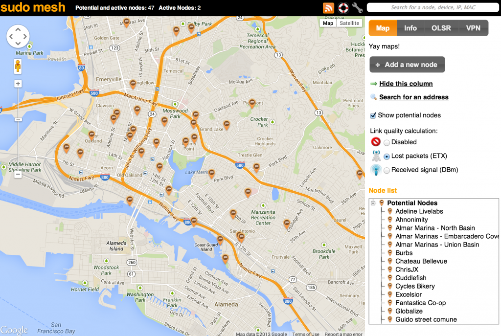Map showing potential nodes of a planned wireless mesh network in Oakland. (Courtesy of Sudo Mesh)