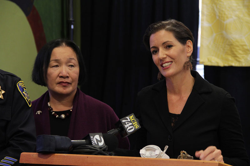Incumbent Mayor Jean Quan looks on as Councilmember Libby Schaaf speaks at Youth Uprising before Schaaf had announced her own candidacy. Photo by Becca Andrews.