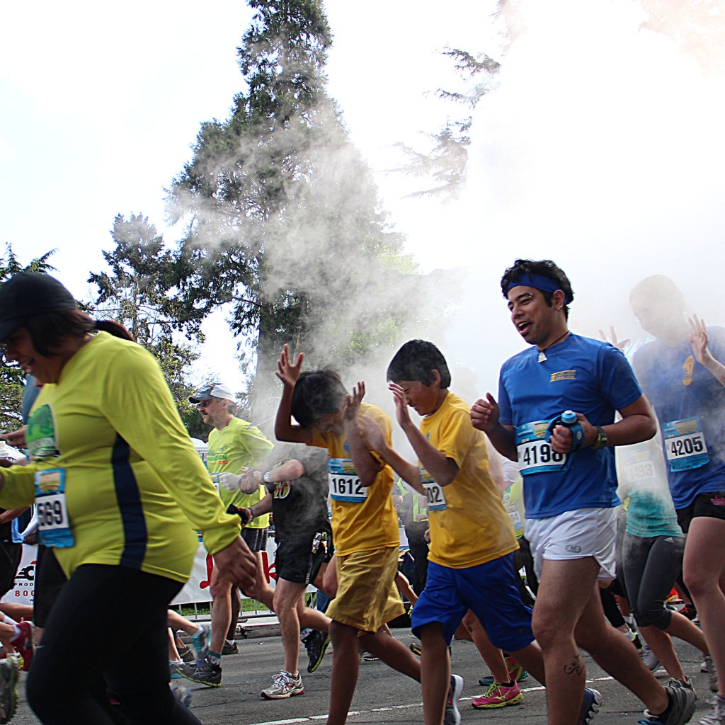 About 400 runners passed through fog created by smoke machines at the start of the half marathon race.